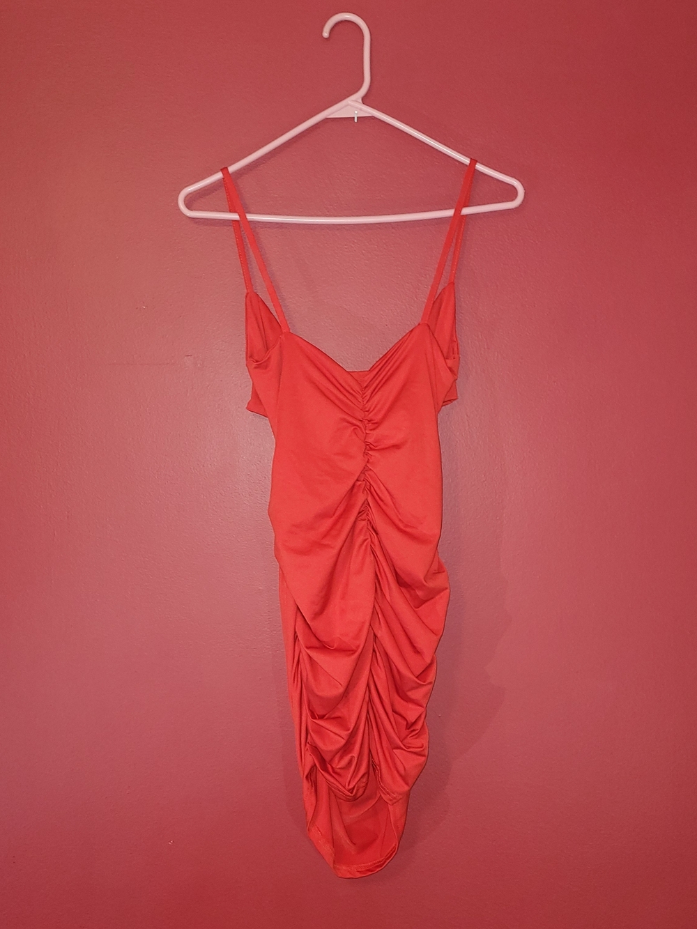Ruched Spaghetti-Strap Mini Dress in Red